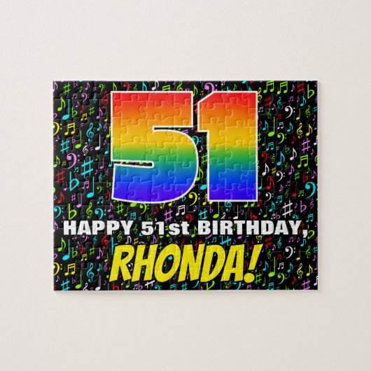 51番目の誕生日:おもしろい、カラフル音楽シンボル、「51」 ジグソーパズル (横)