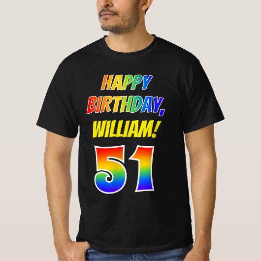 51番目の誕生日:はっきりした、おもしろい、Rainbow 51、名前をカスタムする Tシャツ (正面)