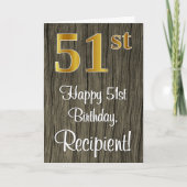 51番目の誕生日:エレガントフェイク金ゴールドルック#、フェイク木材 カード (正面)