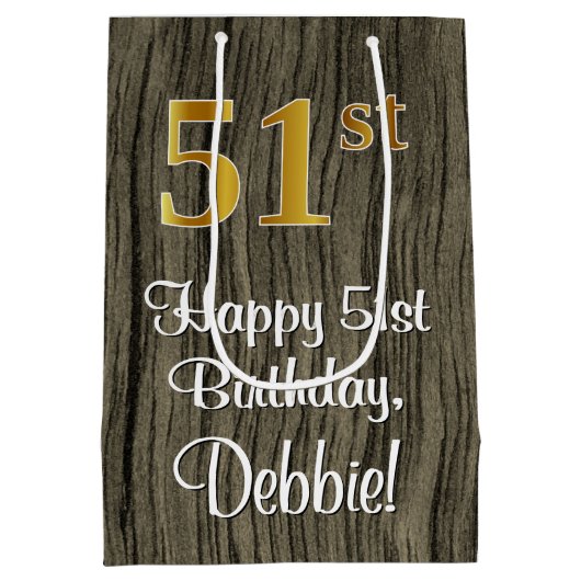 51番目の誕生日:エレガントフェイク金ゴールドルック#、フェイク木材 ミディアムペーパーバッグ (裏面)