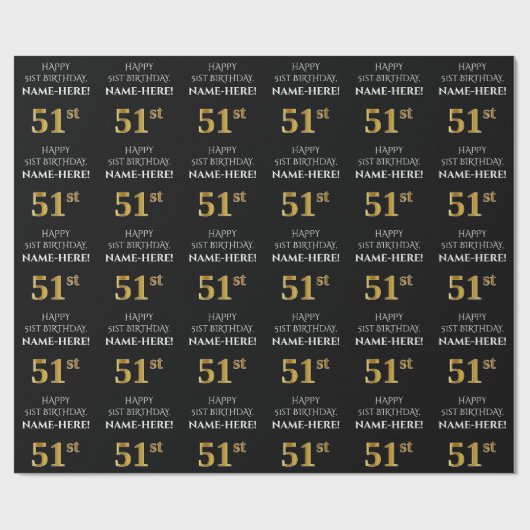 51番目の誕生日: エレガント、黒、フェイク金ゴールド ラッピングペーパー (フラット)