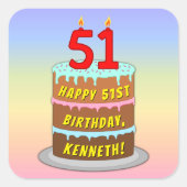 51誕生日:おもしろいケーキとキャンドル+名前をカスタムする スクエアシール (正面)