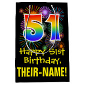 51誕生日:おもしろい花火パターン+虹51 ミディアムペーパーバッグ (正面)