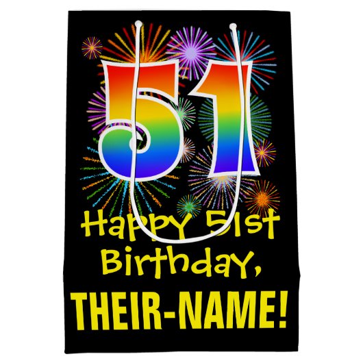 51誕生日:おもしろい花火パターン+虹51 ミディアムペーパーバッグ (裏面)