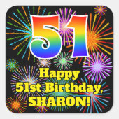 51誕生日:おもしろい花火ルック、虹# 51 スクエアシール (正面)