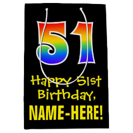 51誕生日:おもしろい、はっきりした、カラフルレインボー「51」 ミディアムペーパーバッグ