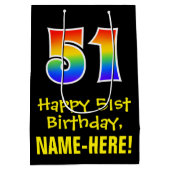 51誕生日:おもしろい、はっきりした、カラフルレインボー「51」 ミディアムペーパーバッグ (裏面)