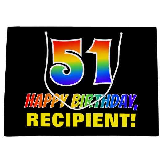 51誕生日:はっきりした,おもしろい,シンプル虹， 51 ラージペーパーバッグ (正面)