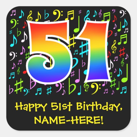 51誕生日:カラフルMusic Symbols, Rainbow 51 スクエアシール (正面)