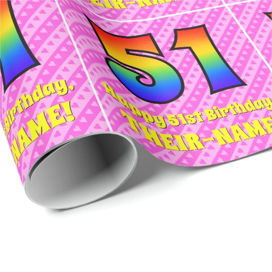 51誕生日:ピンクストライプのハート、レインボー# 51 ラッピングペーパー (ロールコーナー)