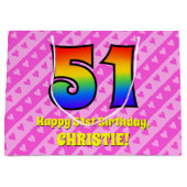 51誕生日:ピンクストライプのハート、レインボー# 51 ラージペーパーバッグ (正面)