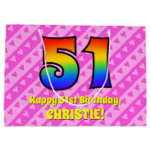 51誕生日:ピンクストライプのハート、レインボー# 51 ラージペーパーバッグ (裏面)