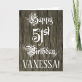 51誕生日:、ファンシーエレガント文字フェイク、木目 カード (正面)