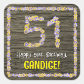 51誕生日:フローラ番号、フェイク木目、名前 スクエアシール (正面)