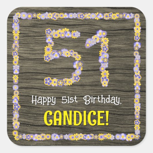 51誕生日:フローラ番号、フェイク木目、名前 スクエアシール (正面)
