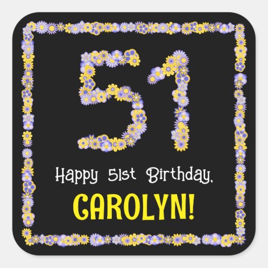 51誕生日:フローラ花数、名前をカスタムする スクエアシール (正面)
