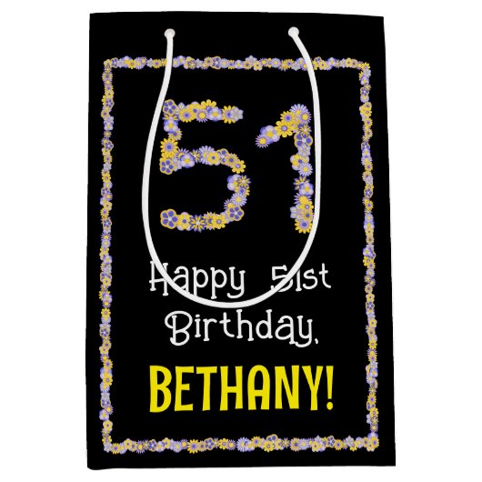 51誕生日:フローラ花数、名前をカスタムする ミディアムペーパーバッグ (正面)