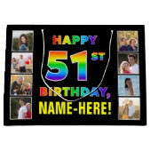 51誕生日:レインボー文字カスタム、写真&名前 ラージペーパーバッグ (正面)