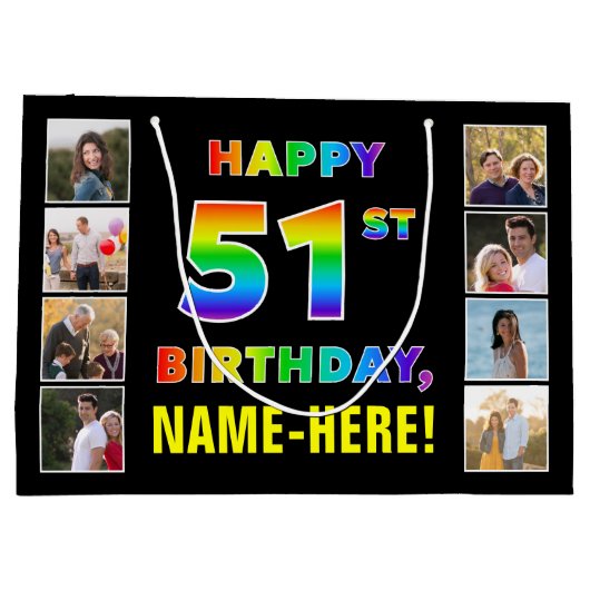 51誕生日:レインボー文字カスタム、写真&名前 ラージペーパーバッグ (裏面)