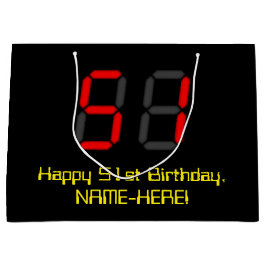 51誕生日:レッドデジタルクロックスタイル「51」 +名前 ラージペーパーバッグ