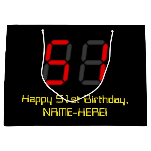 51誕生日：レッドデジタルクロックスタイル「51」 +名前 ラージペーパーバッグ (正面)