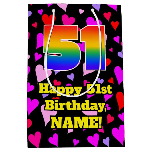 51誕生日:愛するハートパターン、虹# 51 ミディアムペーパーバッグ (正面)