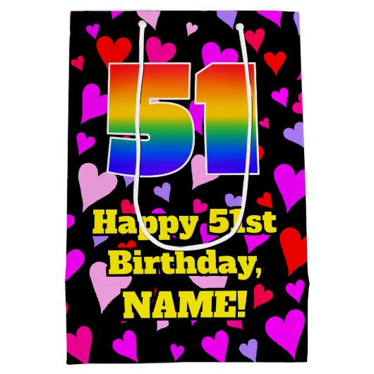 51誕生日：愛するハートパターン、虹# 51 ミディアムペーパーバッグ (裏面)