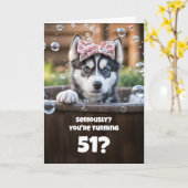 51st Birthday Cute and Funny Husky Puppy カード (黄色い花)