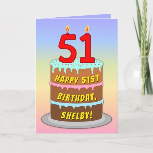 51st Birthday — Fun Cake & Candles, w/ Custom Name カード (正面)