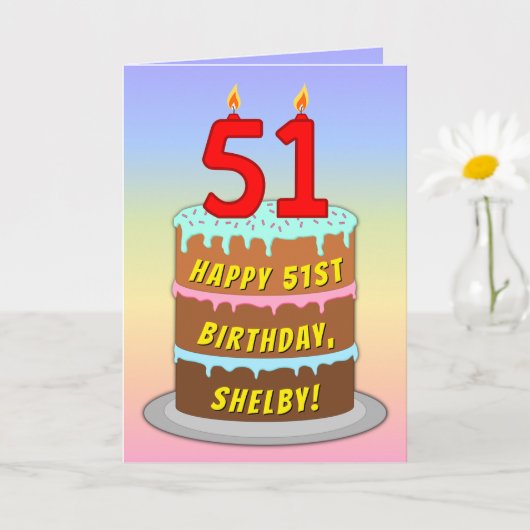 51st Birthday — Fun Cake & Candles, w/ Custom Name カード (小さな植物)