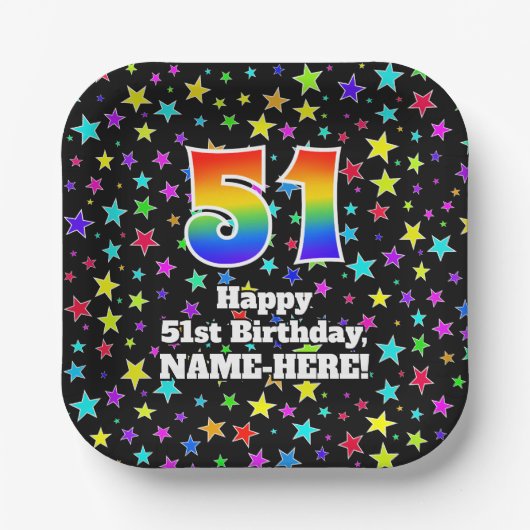 51st Birthday: Fun Stars Pattern and Rainbow “51” ペーパープレート (正面)