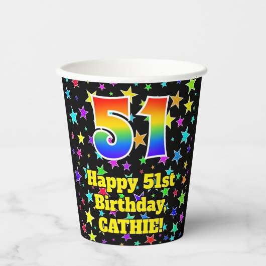 51st Birthday: Fun Stars Pattern and Rainbow 51 紙コップ (正面)