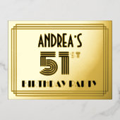 51th誕生日パーティー～アールデコスタイル「51」 +名前 箔招待状ポストカード (正面)