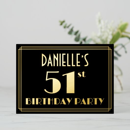 51th誕生日パーティー:アールデコ見る"51",名前あり 箔招待状 (立ち正面)