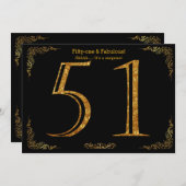 51th誕生日パーティー,ギャツビーのスタイル,ブラック金ゴールドグリッター 招待状 (正面/裏面)