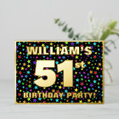 51th Birthday Party —おもしろいカラフル、Stars Pattern 箔招待状 (立ち正面)