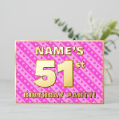 51th Birthday Party —おもしろいピンクのハートとストライプ 箔招待状 (立ち正面)