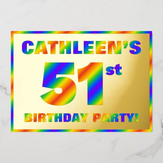 51th Birthday Party —おもしろい、レインボースペクトル「51」 箔招待状 (正面)