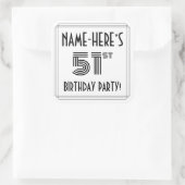 51th Birthday Party:アールデコスタイル+名前をカスタムする スクエアシール (バッグ)
