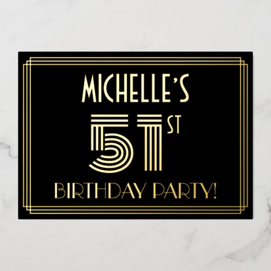 51th Birthday Party —アールデコスタイル「51」 +名前 箔招待状 (正面)