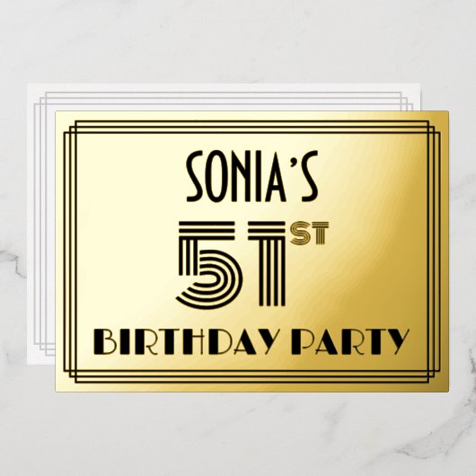 51th Birthday Party —アールデコスタイル「51」 & Name 箔招待状 (正面/裏面)