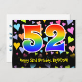 52歳の誕生日おめでとう:楽しいハート柄、虹色の52 ポストカード (正面/裏面)