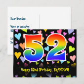 52歳の誕生日おめでとう：楽しいハート柄、虹色の52 ポストカード (正面/裏面)