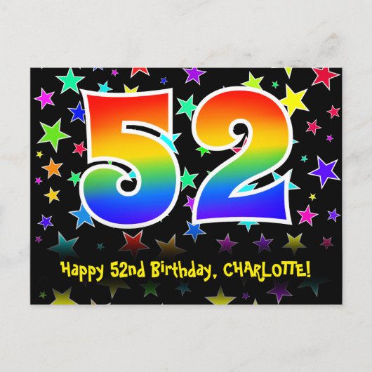52歳の誕生日お祝い: 星柄、52、名前入り ポストカード (正面)