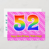 52歳の誕生日：ピンクのストライプとハート、虹色の52 ポストカード (正面/裏面)