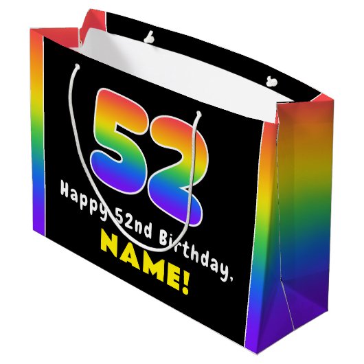 52番目の誕生日カラフル: Rainbow # 52,名前をカスタムする ラージペーパーバッグ (裏面アングル)