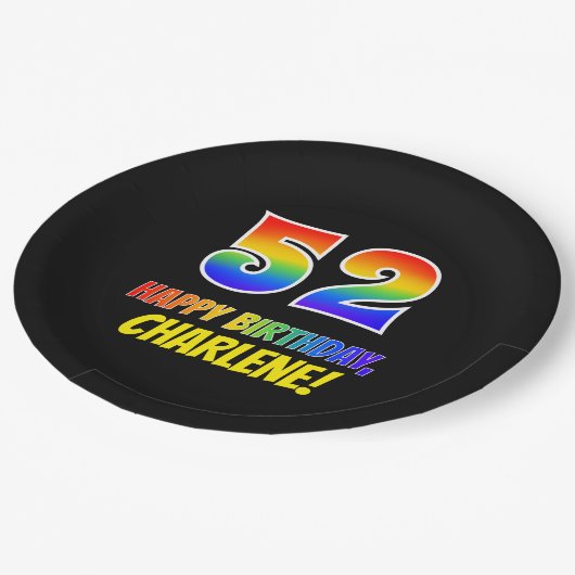 52番目の誕生日: はっきりした,おもしろい,シンプル虹， 52 ペーパープレート (アングル)