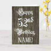 52番目の誕生日:ファンシー、エレガント文字フェイク、木目 カード (黄色い花)