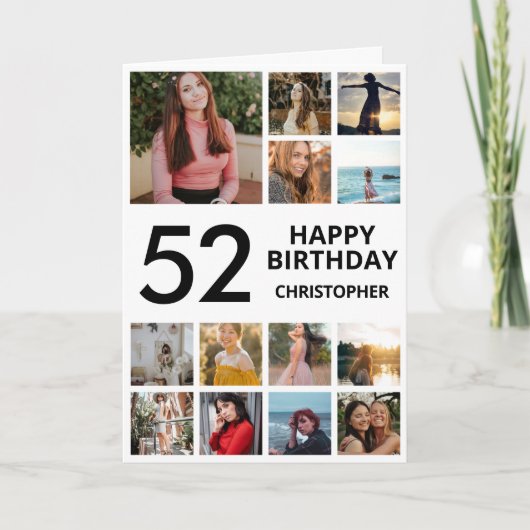52誕生日フォトコラージュ13枚白黒 カード (正面)