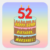 52誕生日:おもしろいケーキとキャンドル+名前をカスタムする スクエアシール (正面)